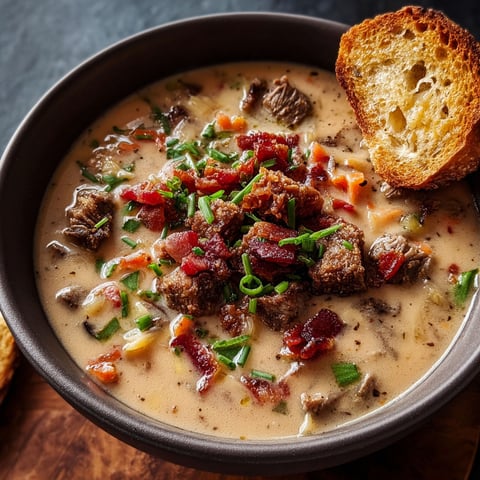 A bowl of soup with bacon and cheesy toast.