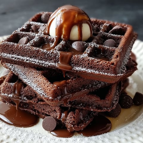 A stack of chocolate waffles with a chocolate sauce drizzle.