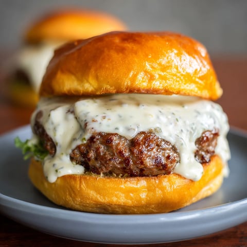 A burger with garlic sauce on a plate.