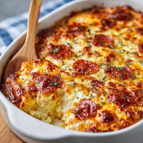 A cheesy white pizza casserole in a white bowl.