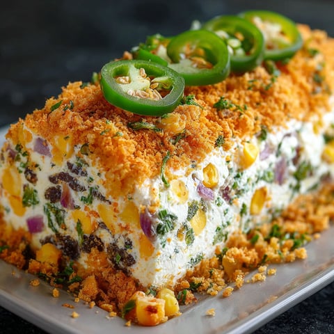 A jalapeno popper cheese log with a slice missing.