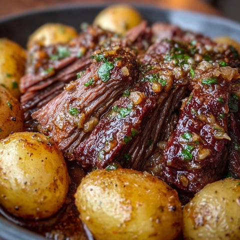 A close up of a slow cooker meal with beef, potatoes, and garlic butter.