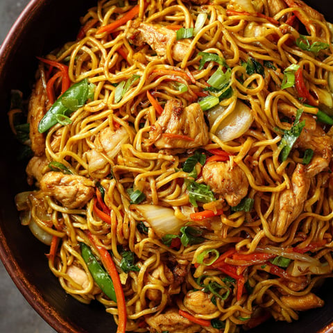 A bowl of chicken chow mein noodles.