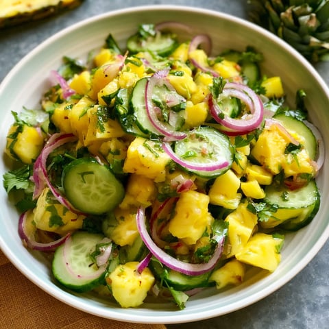 A bowl of cucumber salad with pineapple and onions.