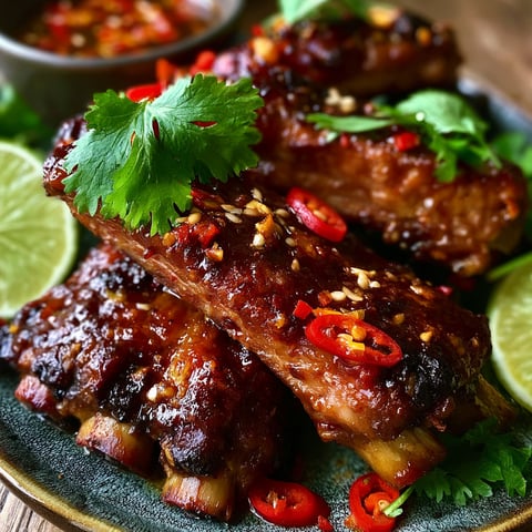 A plate of ribs with a spicy sauce.