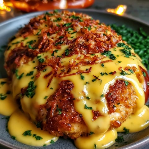 A plate of chicken with mustard and cheddar sauce.