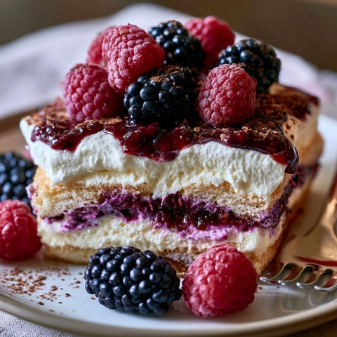 A slice of blackberry tiramisu cake.