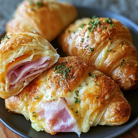 A plate of baked ham and cheese croissants.