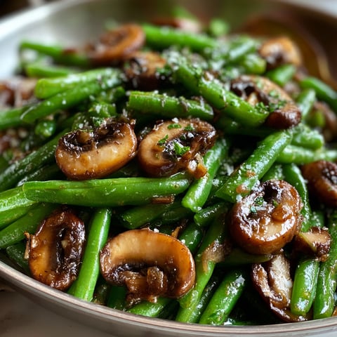 A dish of sautéed green beans and mushrooms.