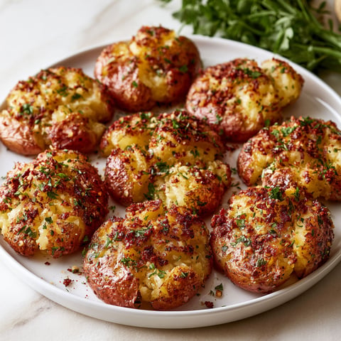 A plate of crispy smashed red potatoes with garlic.