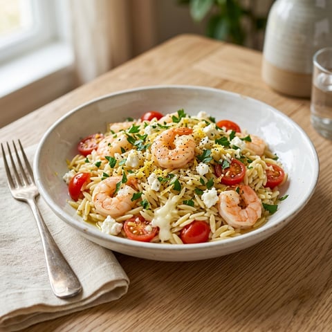 A bowl of shrimp and tomatoes with feta cheese.